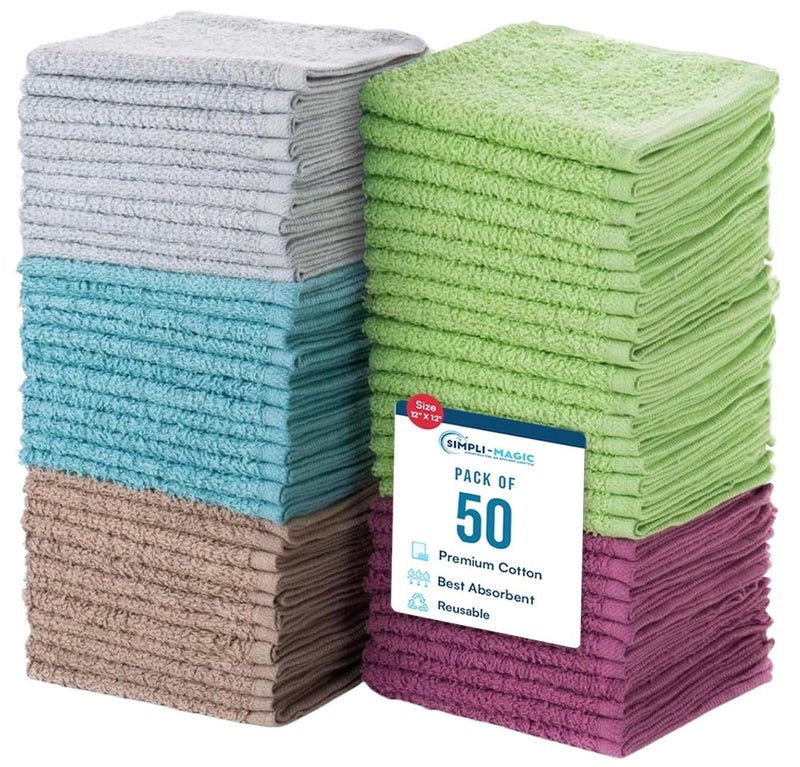 SimpliMagic Cotton Wash Cloths 12x12 50 Pack Highly Absorbent Soft Towels for Bathroom Commercial Terry Washcloth for Face Hand Bath Kitchen Gym Hotel Multicolor